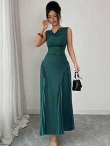 Elenzga Đầm không tay xếp ly cổ bèo màu trơn thanh lịch dành cho nữ, thích hợp cho mùa hè. - màu xanh lá - Xem 5