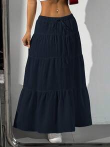 SHEIN PETITE CURVE Falda casual de verano de talla grande, de unicolor, con cintura elástica, cordón y dobladillo con volantes - Azul Marino - Ver 4