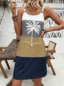 EMERY ROSE 撞色椰树字母印花吊带裙，双肩带设计，饰有圆环，适合度假海滩穿着，女士款 - 彩色 - 查看 6