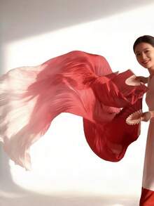 1 par de abanicos de velo de seda de imitación para danza del vientre, hechos a mano, de bambú plegables largos de 1,5 metros y 1,8 metros, velos fluidos para actuaciones, herramientas de danza ligeras para mujeres profesionales, para fiestas y festivales AHOT - gradiente rojo - Ver 5