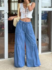 Sunnyshic Quần jeans ống rộng thoải mái dành cho nữ, thích hợp cho kỳ nghỉ. - Màu xanh lam - Xem 1