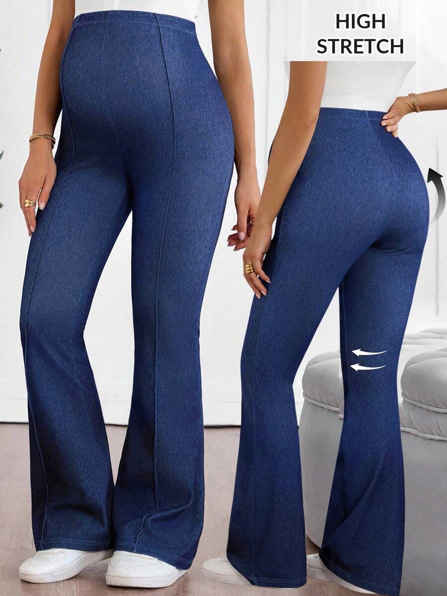 SHEIN Pregnant Women's Casual Flared Leg Jeans, Versatile For Daily Wear - Medium Wash - View 1