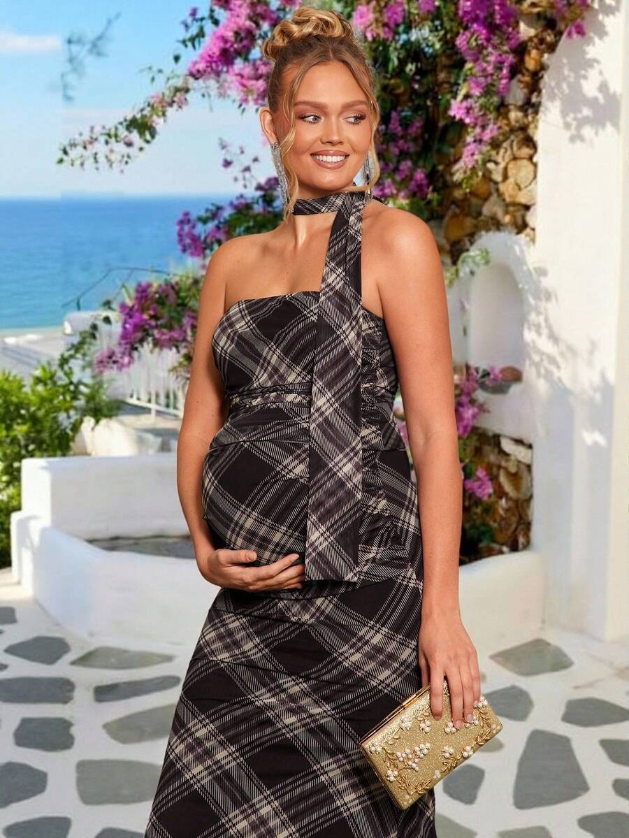 Loomaby 2pcs Maternity Casual Everyday Outfit - Ruched Plaid Tube Top & Fitted Maxi Skirt Set Dress Gender Reveal Dress Maternity Dress Baby Shower Dress Pregnant Dress Bump Friendly Dress Plaid Dress Maternity Baby Shower Dress - Multicolor - View 1