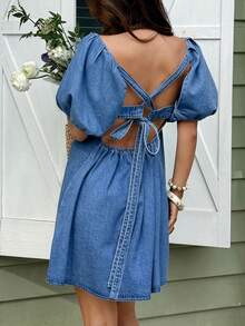 Sunnyshic Women's Denim Extra Long High Slit Dress - Blue - View 2