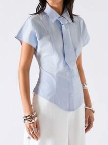 LYSMO 2026 New Arrive Minimalism Spring/Summer Women's Solid Color Mandarin Collar Button Waist Short Sleeve Minimalist Office Shirt - Baby Blue - View 4