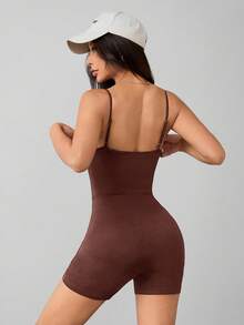 SHEIN PETITE 休闲简约纯色吊带连体裤，适合夏季穿着，紧身女式连体衣 - 棕色 - 查看 2