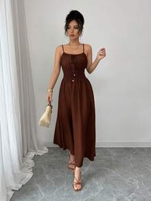 Elenzga Váy suông rộng rãi thoải mái màu cà phê vải lanh thắt nơ phía trước có dây rút ở eo cho nữ, mùa xuân/hè - Cà phê - Xem 7