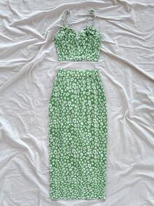 Soleia 女式夏季碎花吊带背心和荷叶边中长裙休闲套装 - 綠色 - 查看 2