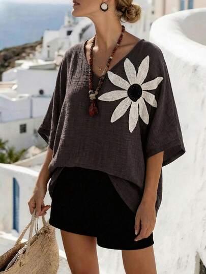 Weeklong 大码女式V领宽松蝙蝠袖贴花衬衫，春夏款