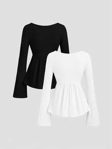 Sweetra 2pcs Women Elegant Slimming Comfortable Long Sleeve Versatile T-Shirt Set - Multicolor - View 2