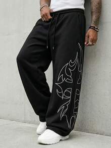 AXEPEAK 男士休闲时尚街头日常通勤抽绳腰带交叉印花宽松阔腿运动裤 - 黑色 - 查看 1