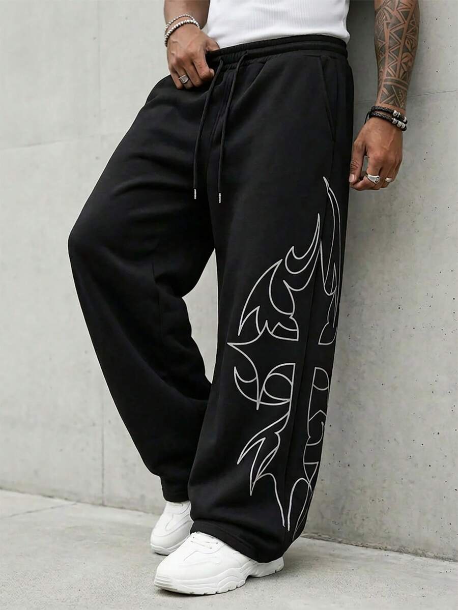 AXEPEAK 男士休闲时尚街头日常通勤抽绳腰带交叉印花宽松阔腿运动裤 - 黑色 - 查看 1