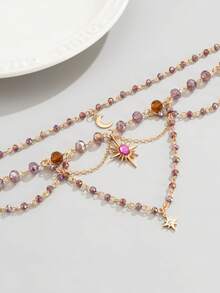 ROMWE Fairycore 1. 多层水晶串珠星月吊坠项链。 - 金黃色 - 查看 3