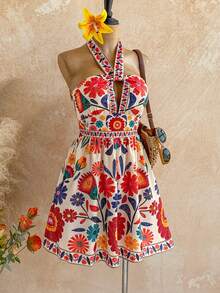 Soleia Women's Summer Vacation Floral Print Tie Knot Waist Dress - Multicolor - View 3