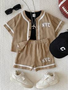 SHEIN Unisex Baby 2pcs/Set Casual Cute Khaki Baseball Jacket And Shorts Set, Spring/Summer Baby Boy Clothes, Outfit Set, Streetwear - Khaki - View 5