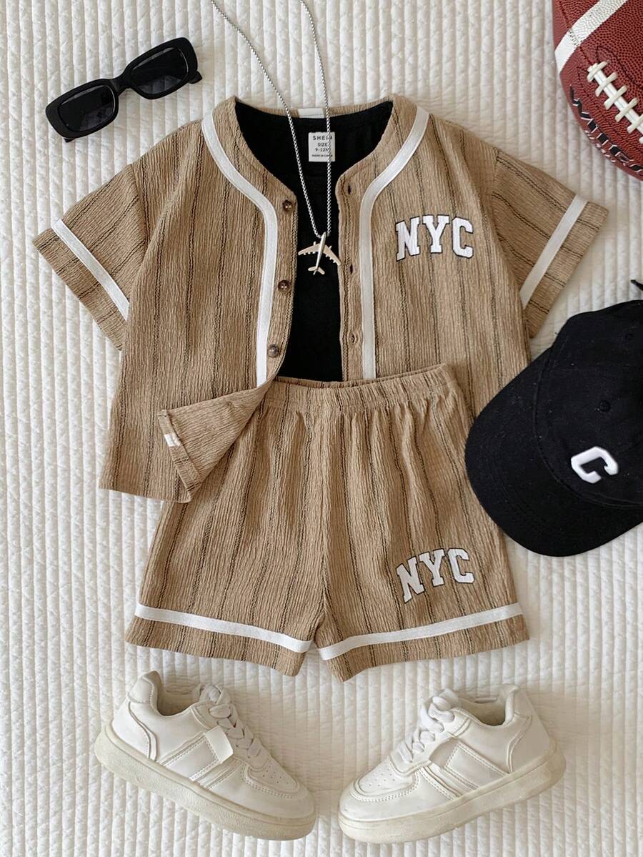 SHEIN Unisex Baby 2pcs/Set Casual Cute Khaki Baseball Jacket And Shorts Set, Spring/Summer Baby Boy Clothes, Outfit Set, Streetwear - Khaki - View 1