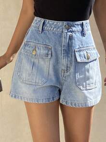 Livesso Women's Washed Blue Denim Shorts With Large Pockets, Suitable For Summer Beach Holiday Jorts - Blue - View 6
