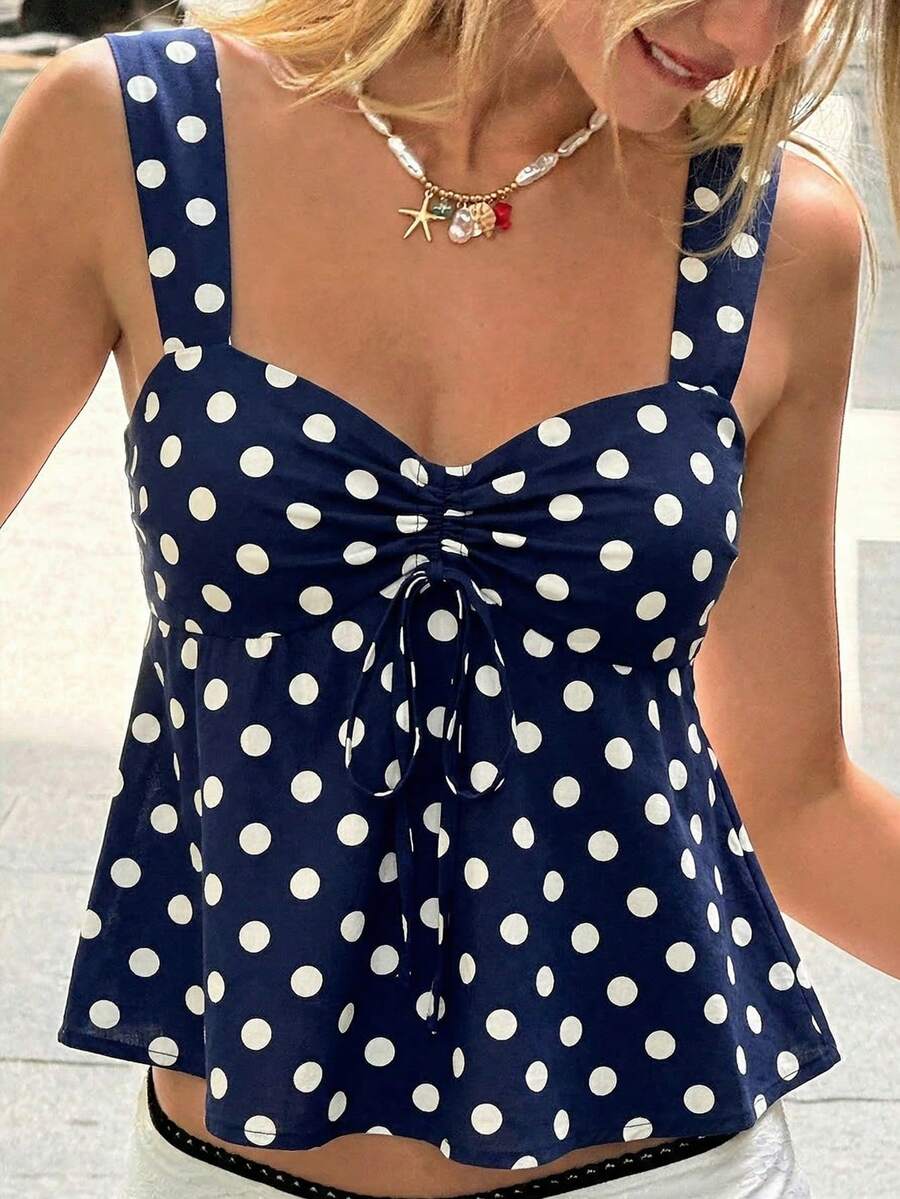 SHEIN Áo hai dây buộc dây, kiểu dáng đơn giản, thoải mái, đa năng, họa tiết chấm bi dễ thương, thích hợp cho đi biển, kỳ nghỉ, trang phục mùa hè cho nữ. - Nhiều màu - Xem 1