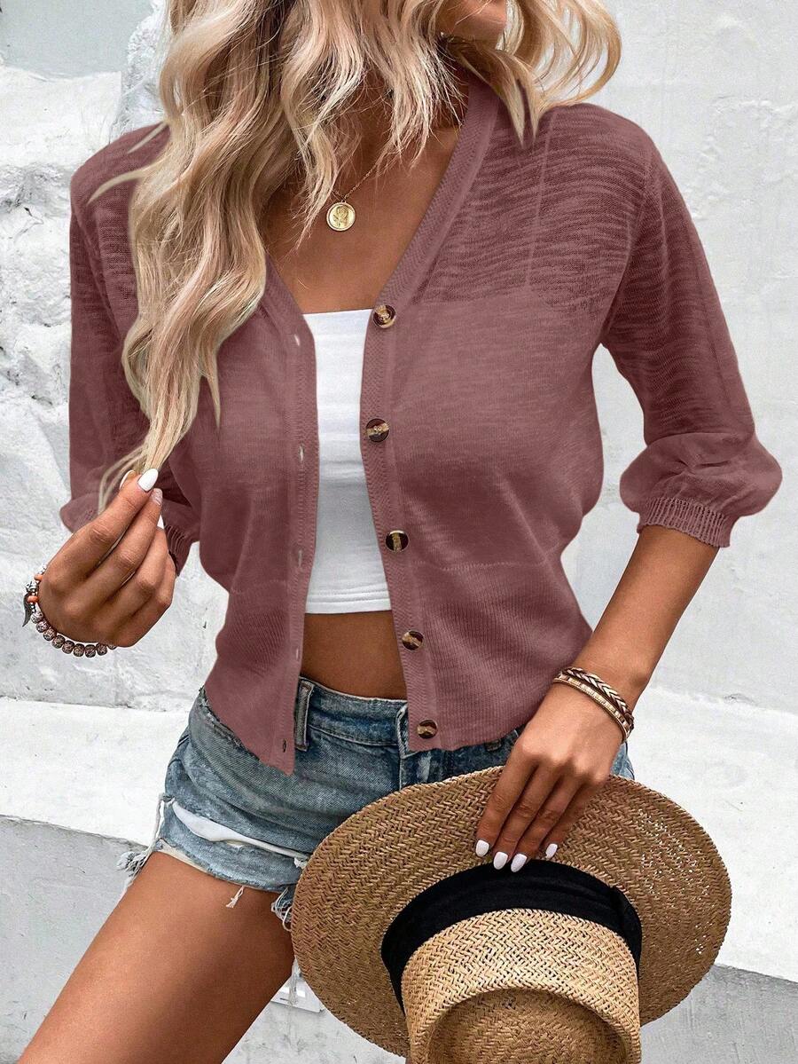 EMERY ROSE Women's Solid Color Minimalist Casual Long Sleeve Cardigan - Rust Brown - View 1