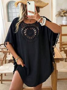 Ceyna Plus Size Casual Vacation Solid Color Fringe Decor Dress Women's Beach Cover Up Women's Summer Outfits Women's Tops For Summer Women 2 Pieces Outfit Casual Bikini Cover Ups Dress Bathing Suits For Women Cover Ups Beach Dresses For Women Cover Up Blouse For Women Casual Blouses For Women T Shirt - Black - View 7