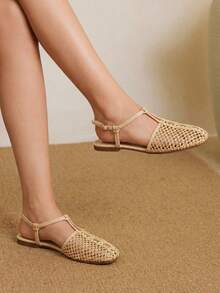 Styleloop Giày sandal đế bằng quai dệt dành cho nữ, kiểu dáng nghỉ dưỡng Boho Chic Retro American Western, giày dự tiệc, giày lười thoải mái, kiểu Mary Jane, thích hợp cho mùa nghỉ lễ, xuân và hè. - Màu vàng - Xem 2