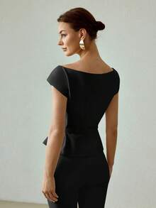PREMIUM ELEGANT FASHIONABLE DOUBLE-BREASTED PEPLUM TOP - Black - View 3