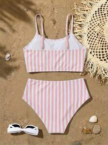 SHEIN 少女夏季沙滩条纹吊带背心和三角比基尼泳装套装 - 粉色 - 查看 2