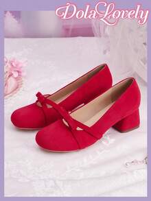 Dola Lovely Red Suede Round Toe Bow Low Vamp Thick Heel Shoes, Women's Gentle Cute Commuting Versatile Temperament Mary Jane High Heels Women's Shoes - Red suede - View 3