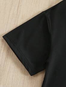 Camiseta casual de niño con estampado de letras en inglés, adecuada para salidas diarias - Negro - Ver 6