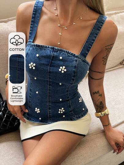 Livesso Top de camisola ajustado con parches, adornado con perlas azul vintage y rhinestones, elegante para festival de música, Día de San Valentín, boda, uso casual, ir al trabajo