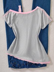 1pc Sweet American Style Fitted Splice Contrast Color Floral Print T-Shirt With Lace Trim, Summer - Grey - View 2