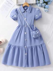 SHEIN Đầm hè thời trang mới 2026 chất liệu mềm mại, co giãn, thích hợp cho kỳ nghỉ, du lịch, đầm cardigan tay cánh hoa cổ bẻ đính ngọc trai cho bé gái, đầm hè dễ thương thắt eo có túi, thích hợp mặc hàng ngày, dự tiệc, đi chơi. - Màu xanh lam - Xem 3