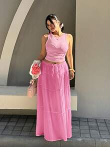 GalTyme Chocolate Brown Sleeveless Maxi Dress Plus Size 2 Pieces Set - Pink - View 3
