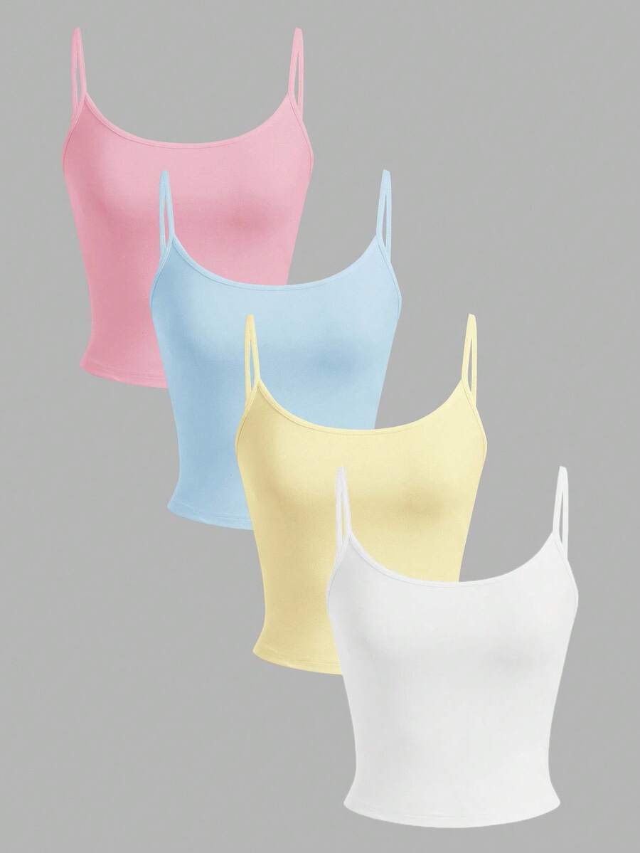 SHEIN EZwear 4件套女士紧身露脐休闲背心，粉色、蓝色、黄色、白色，适合夏季穿着 - 彩色 - 查看 1