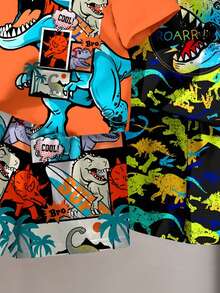 SHEIN 4件套男婴休闲卡通恐龙印花T恤套装，经典时尚，适合春夏度假穿着 - 彩色 - 查看 5