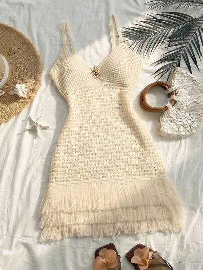 Trelyra Women's Summer Beach Vacation Solid Color Pointelle Knit Fringe Hem Camisole Dress