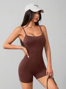 SHEIN PETITE 休闲简约纯色吊带连体裤，适合夏季穿着，紧身女式连体衣 - 棕色 - 查看 3