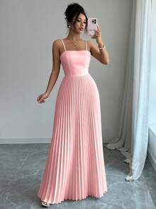 Elenzga Women's Solid Color Pleated Elegant Waist Cinched Long Strap Dress, Suitable For Dates And Parties - Pink - View 5
