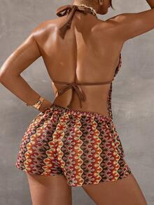 Voyashape Conjunto de bikini de 3 piezas de estilo bohemio con degradado de café oscuro ondulado tejido para mujer, conjunto de top corto y pantalones cortos anchos con degradado de naranja-marrón-amarillo ondulado y colorido de estilo retro para vacaciones, cómodo, con triángulo inferior, tirantes finos, espalda descubierta, estilizador, sexy y elegante para la playa, el agua, festivales de música y fiestas - Multicolor - Ver 2