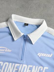 SLATEMANN Conjunto de sudadera con media cremallera y estampado de letras con contraste de color y pantalón de chándal con cordón en la cintura para hombre - Celeste - Ver 4