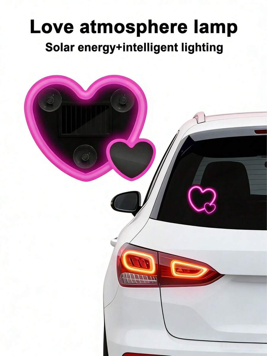 Teckwe Đèn neon LED hình trái tim năng lượng mặt trời SX-01 dành cho ô tô, tích hợp đèn LED tạo không khí hình trái tim, phụ kiện ô tô, pin sạc 300mAh.
