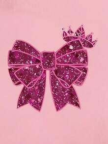 SHEIN 6件套少女春夏休闲时尚创意个性清新可爱简约亮面黑粉蝴蝶结皇冠图案印花T恤短裤套装，舒适日常穿着，温暖夏日风格，适合少女 - 彩色 - 查看 5