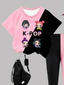 2件套少女K-POP卡通女孩头像撞色黑粉T恤和配套长裤套装，舒适针织套装，适合女孩，可作为节日礼物、休闲外出和日常穿着。 - 粉色 - 查看 5
