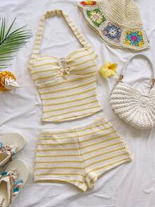 Soleia 女士夏季休闲条纹露背吊带上衣和短裤两件套 - 黃色 - 查看 4