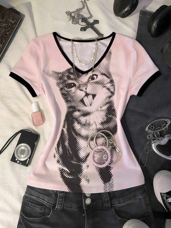 Glimmora Women's Minimalist Print V-Neck Short Sleeve T-Shirt