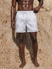 Palasendo Men's Front Lace-Up Pocket All-Over Print Casual Beach Shorts,Hawaiian - White - View 4