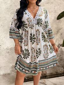 Đầm nữ cỡ lớn mùa xuân/hè in họa tiết hoa, cổ chữ V, kiểu bohemian, tay loe, phối ren, gấu đầm xếp ly, thoải mái, thích hợp cho kỳ nghỉ. - xanh quân đội - Xem 4