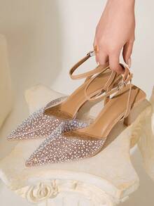 CUCCOO CHICEST 仿珍珠和水钻装饰透明塑料包头高跟凉鞋，性感优雅露背尖头女鞋春季鞋 - 杏色 - 查看 5