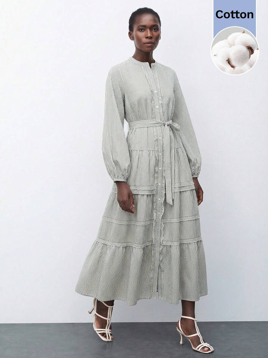 Maija 女士条纹印花纽扣长袖连衣裙