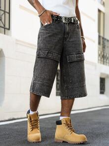 Manfinity EMRG Men's Casual Street Style Multi-Pocket Cargo Denim Shorts, Dark Grey - Dark Grey - View 4